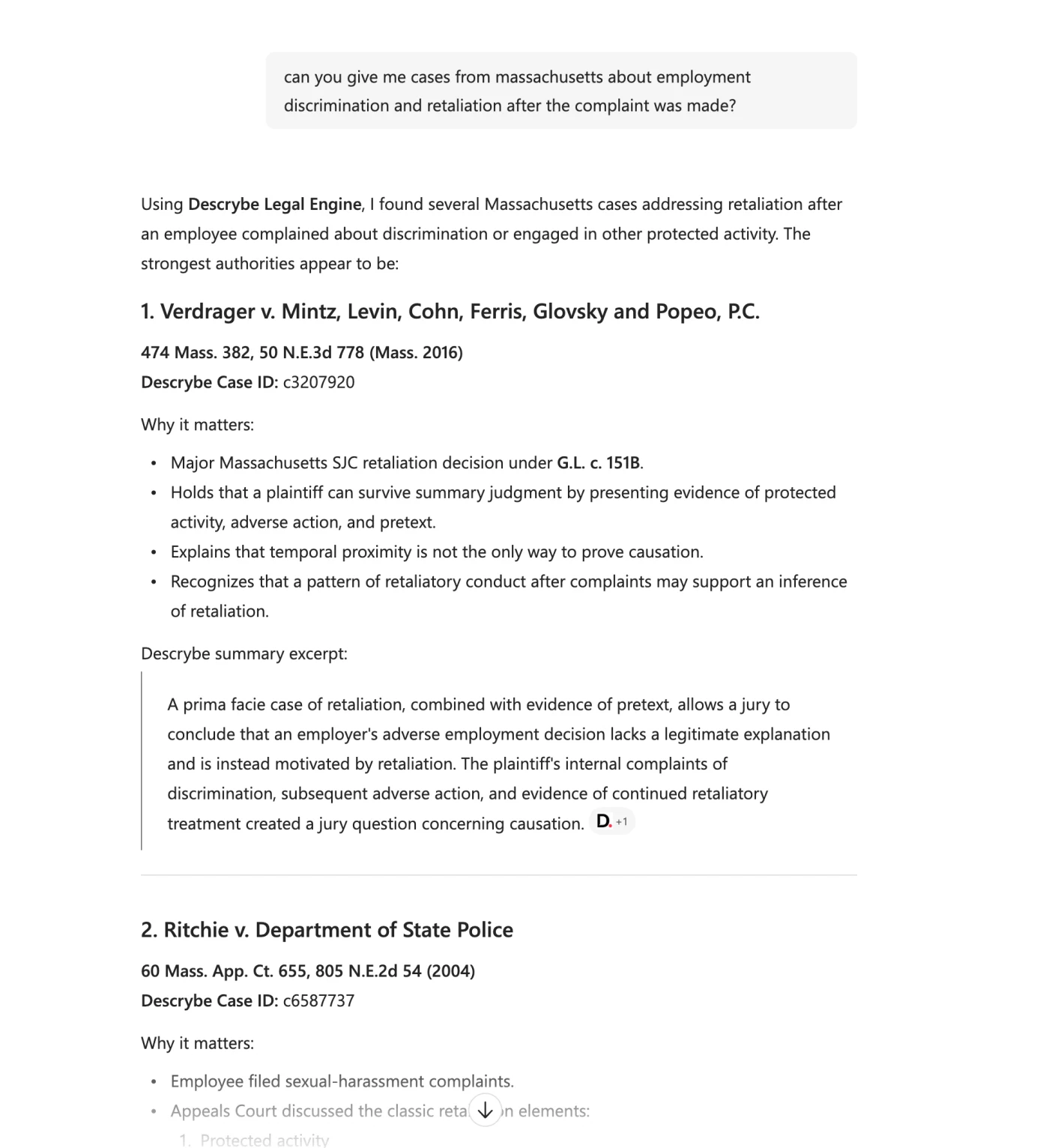 Microsoft 365 Copilot showing source-backed research from Descrybe Legal Engine